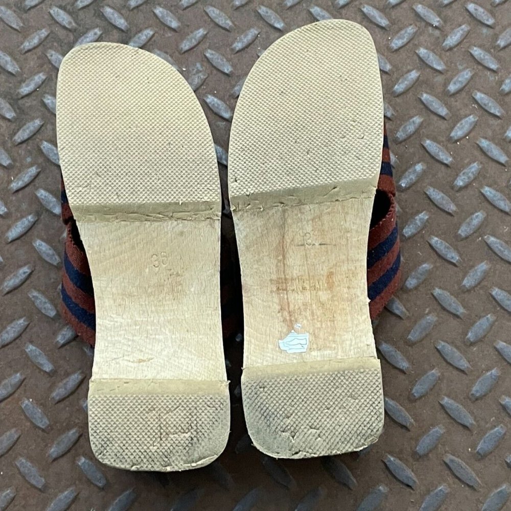 Hermes Women Sandals Canvas Navy Tan Ribbon Strap Wooden Heel Shoes Size 36/5 - Picture 11 of 12